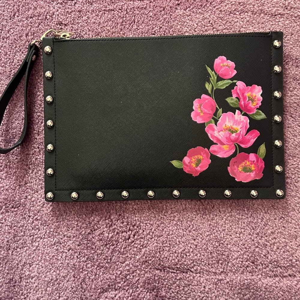 White House Black Market Black Clutch with Pink Floral Design
